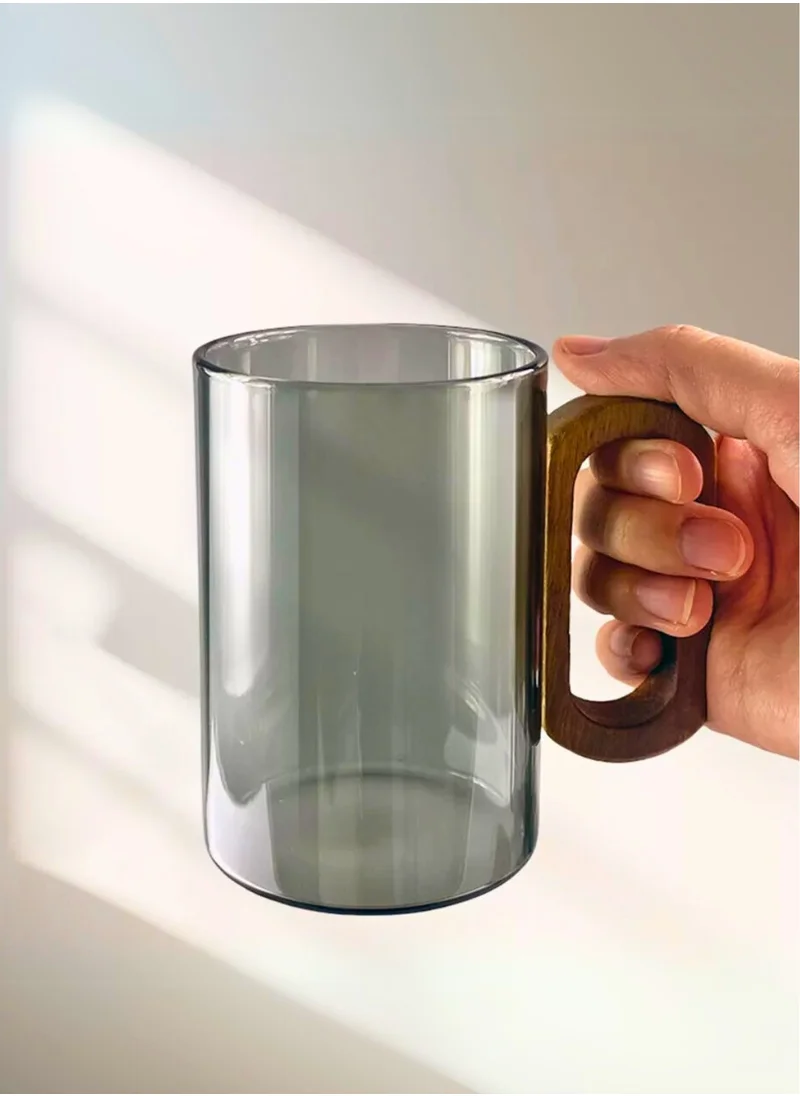 1Chase Smoky Grey Borosilicate Glass Mugs with Walnut Acacia Wooden Handle – 350ML (Set of 4)