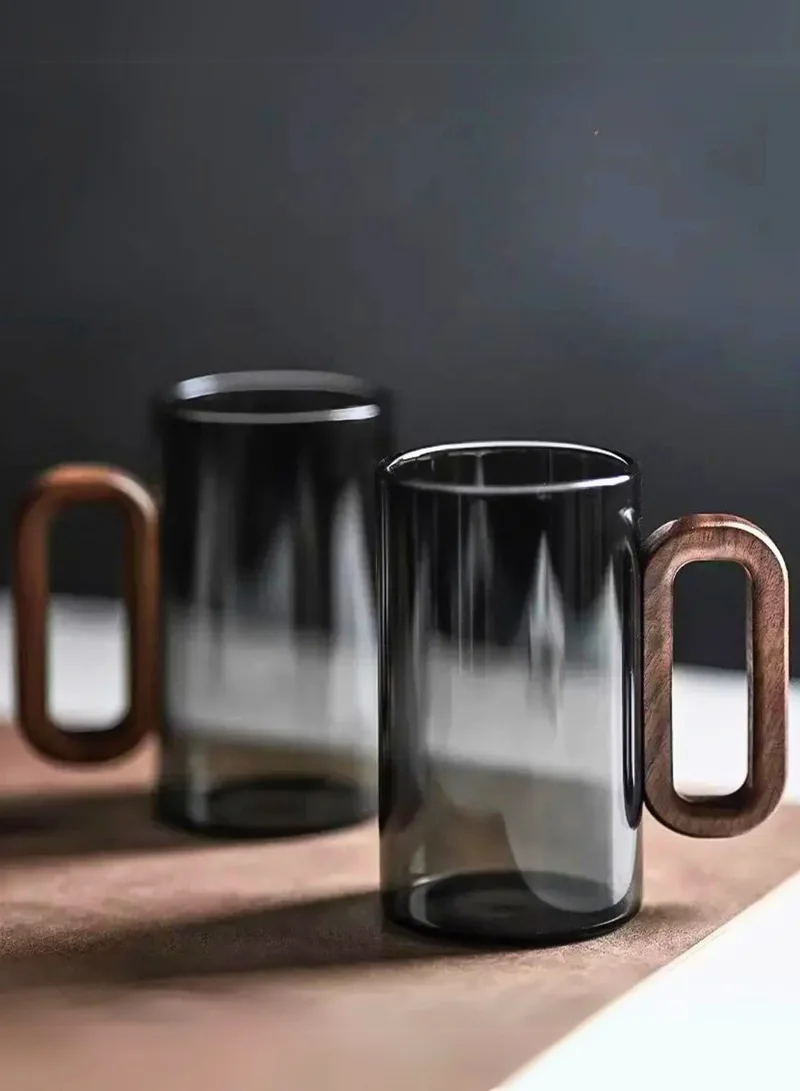 1Chase Smoky Grey Borosilicate Glass Mugs with Walnut Acacia Wooden Handle – 350ML (Set of 4)