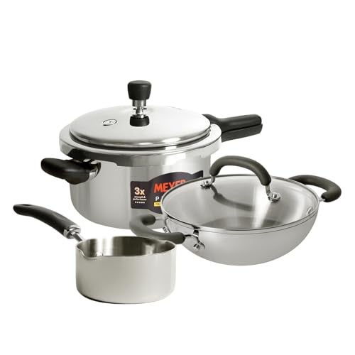 Meyer Tri‑Ply Stainless‑Steel Kitchen Set – 5.5 L Presta Pressure Cooker + 22 cm Trivantage Kadai/Wok with Lid + 14 cm Trivantage Milkpan, Induction‑Compatible Cookware Bundle - Image 1