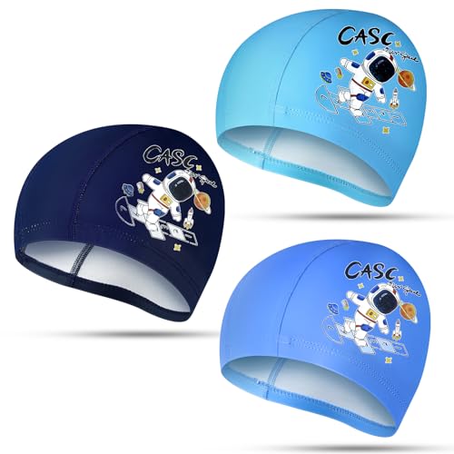 Geyoga 3 Pcs Kids Swim Caps for Boys Girls Age 2-12 Swimming Hat Pool Cap Child Swim Hat for Toddler Youth(Astronaut Style) - Image 1