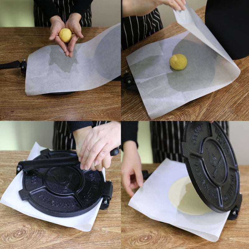 COOKAMP 6.5 Inch Cast Iron Tortilla Press,Tortilla Maker With 10 Pcs Parchment Paper,Heavy Duty Tortillera Pataconera,Flour Tortilla Press(SA065) (6.5 INCH) - Image 4