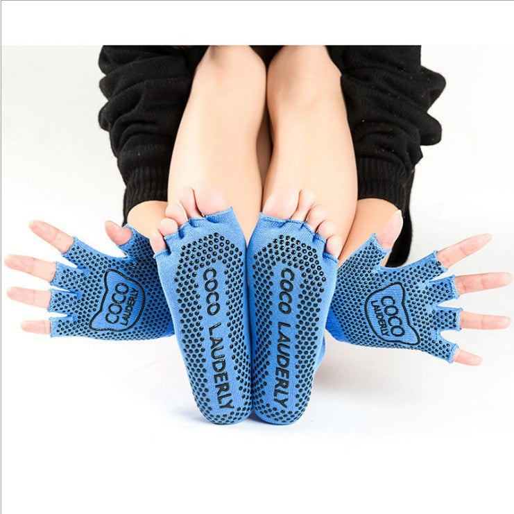 Non-Slip Toeless Yoga Socks and Gloves Set open toe blue