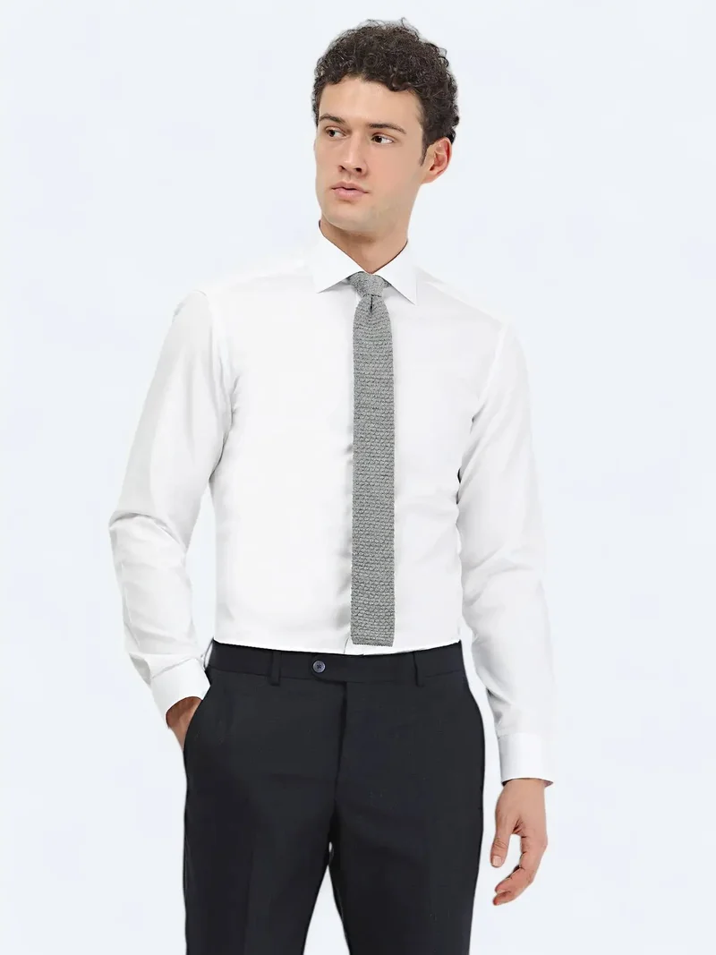 Kip White Plain Slim Fit Weaving Classical 100% Cotton Shirt