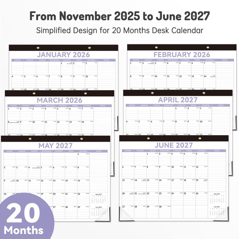 Forvencer Desk Calendar 2026, 20 Months Calendar, Nov. 2025-Jun. 2027, 14" x 11" Wall Calendar 2026 Monthly Planner with Plastic Cover & Stickers & Thick Paper for Office Home School Supplies - Image 4