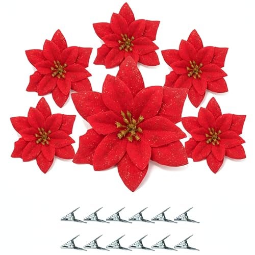CURATED CART Artificial Christmas Poinsettia Flowers for Tree Decoration | Glitter Xmas Flowers for Christmas Tree, Home Décor, Wreaths & Holiday Decorations (Plain Red - D4, Pack of 12) - Image 1