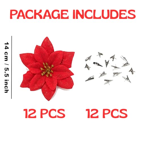 CURATED CART Artificial Christmas Poinsettia Flowers for Tree Decoration | Glitter Xmas Flowers for Christmas Tree, Home Décor, Wreaths & Holiday Decorations (Plain Red - D4, Pack of 12) - Image 2