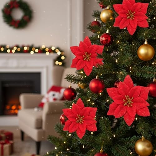 CURATED CART Artificial Christmas Poinsettia Flowers for Tree Decoration | Glitter Xmas Flowers for Christmas Tree, Home Décor, Wreaths & Holiday Decorations (Plain Red - D4, Pack of 12) - Image 3
