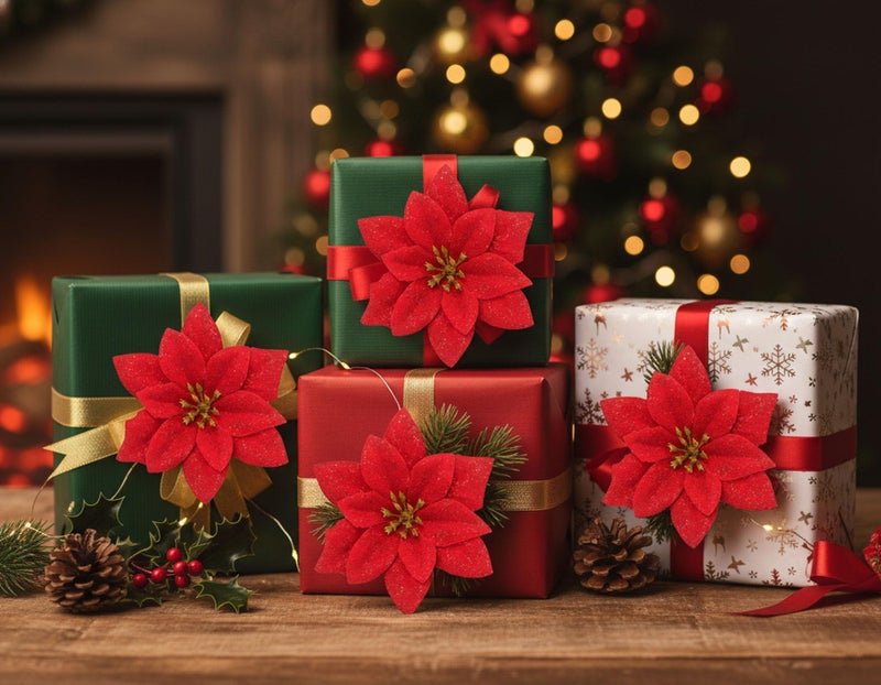 CURATED CART Artificial Christmas Poinsettia Flowers for Tree Decoration | Glitter Xmas Flowers for Christmas Tree, Home Décor, Wreaths & Holiday Decorations (Plain Red - D4, Pack of 12) - Image 4