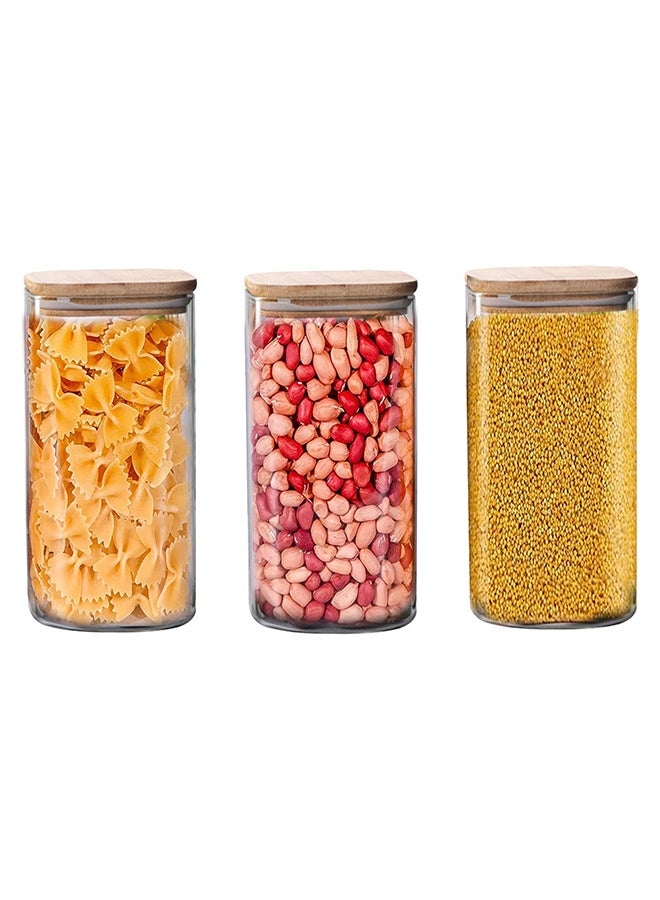 AKDC Set Of 3 Square Glass Jar With Bamboo Lid 1600Ml, Kitchen Food Storage Containers - Image 1