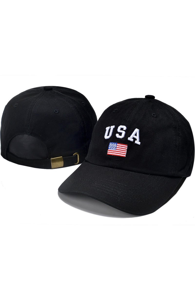 USA Black Baseball Cap with USA Letter and American Flag Embroidery
