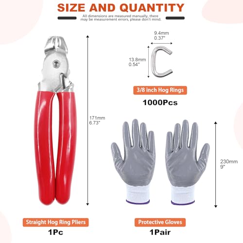Tanstic 1001Pcs 3/8'' Hog Rings and Hog Ring Plier Kit, 1000Pcs Galvanized Hog Rings and Hog Ring Plier with Cut Resistant Gloves for Bungee, Animal Pet Cages, Bagging, Fencing and Furnitures - Image 2