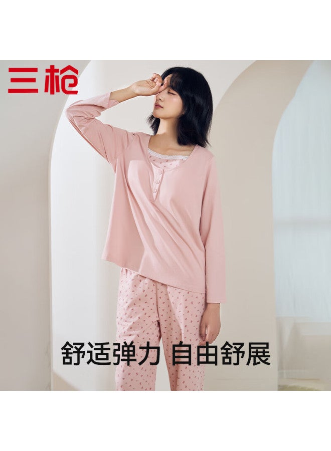 Threegun Women's Pajamas, Long-sleeve Pure Cotton Sleepwear, 100% Cotton Anti-mite Chest Pad Style Loungewear