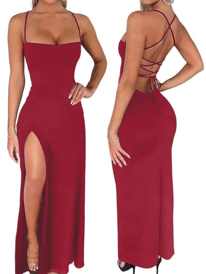 Women's Sexy High Slit Crisscross Tie Long Dress with Backless Strap Design - Image 1