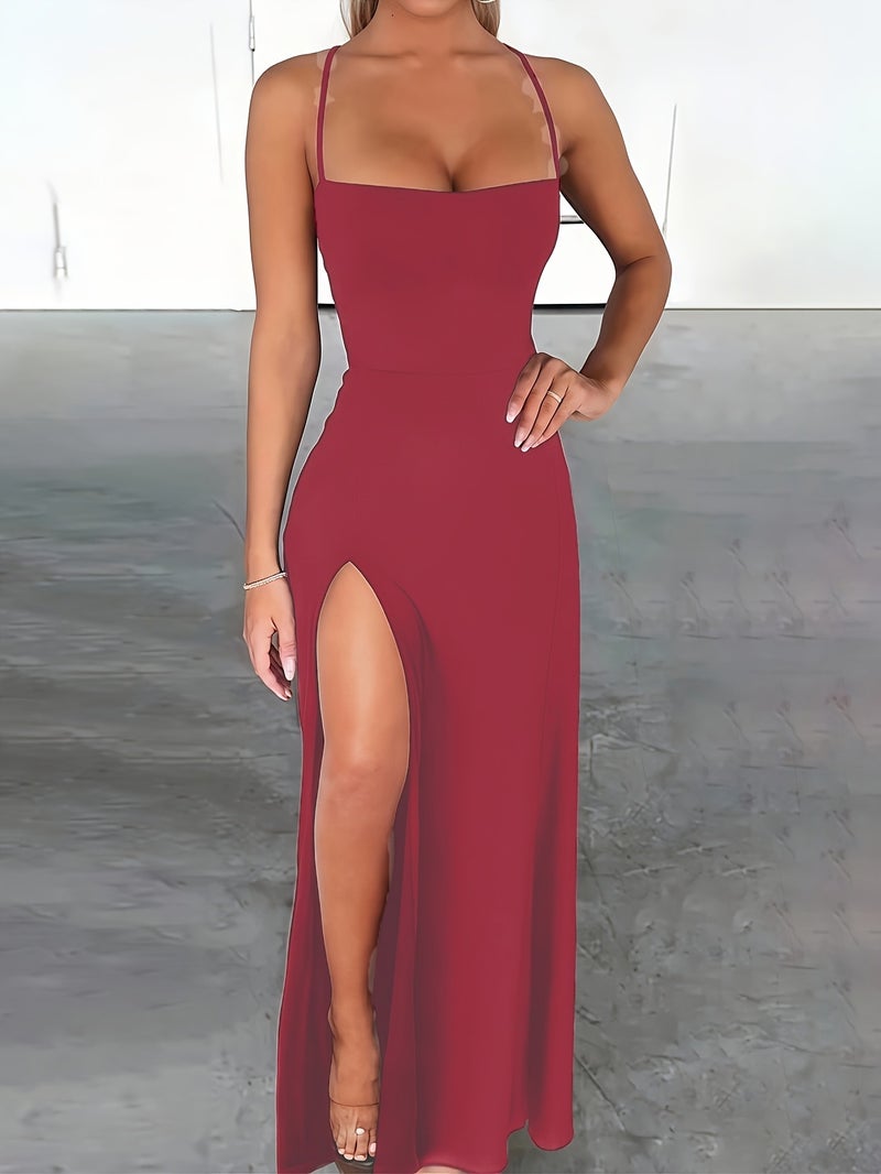 Women's Sexy High Slit Crisscross Tie Long Dress with Backless Strap Design - Image 5