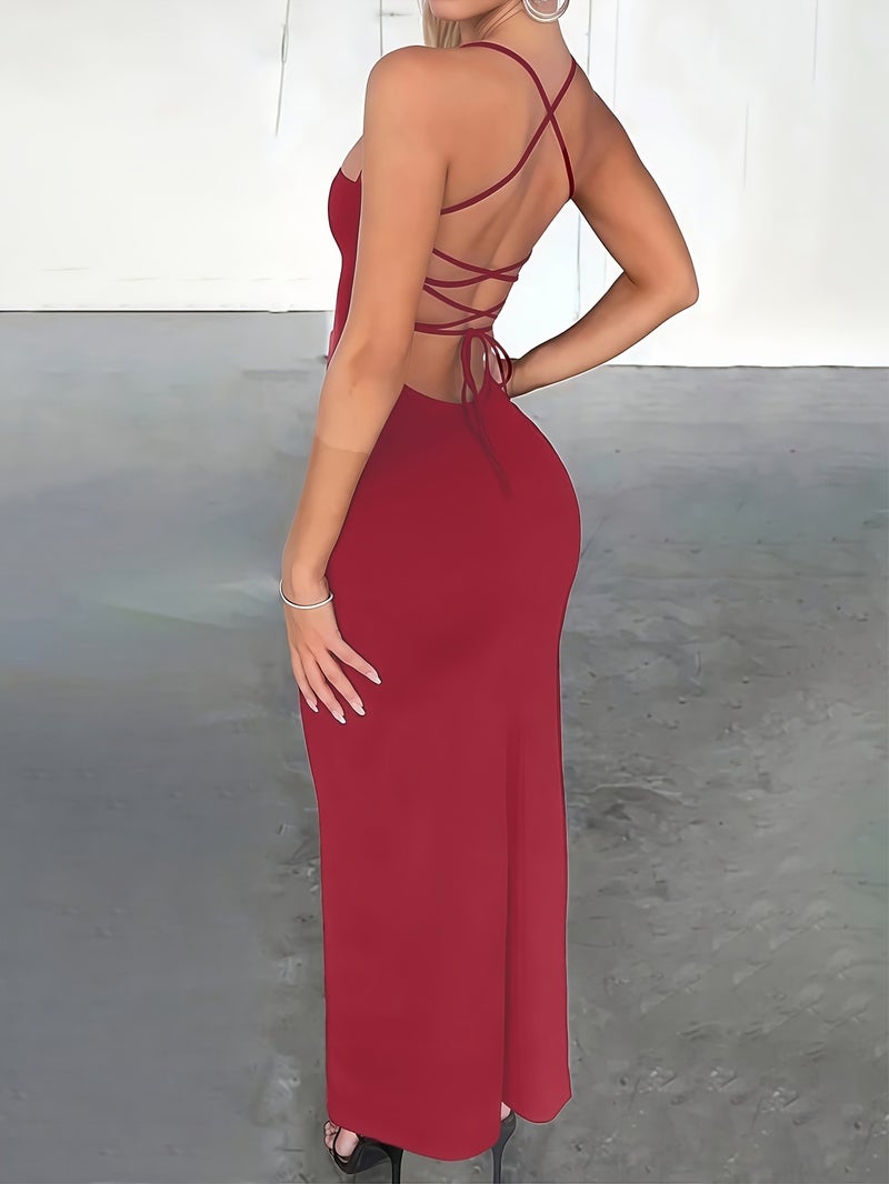 Women's Sexy High Slit Crisscross Tie Long Dress with Backless Strap Design - Image 2