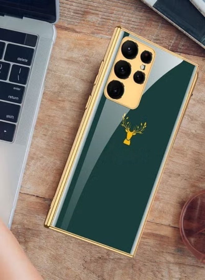 Zuelnote Samsung Galaxy S22 Ultra 6.8 Inch Case Plating Deer Phone Case, Soft TPU Airbag Anti-Fall Shockproof Camera Protective Electroplated Case Dark Green - Image 1