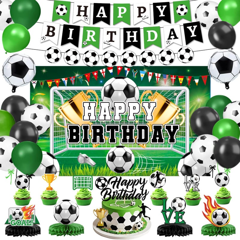 QIYANPAX Soccer Birthday Party Decorations Includes Banner, Backdrop, Foil & Latex Balloons, Cake & Cupcake Toppers, Honeycomb Centerpieces for Boy Soccer Themed Party Decorations - Image 1