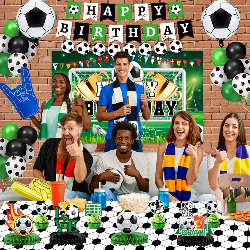 QIYANPAX Soccer Birthday Party Decorations Includes Banner, Backdrop, Foil & Latex Balloons, Cake & Cupcake Toppers, Honeycomb Centerpieces for Boy Soccer Themed Party Decorations - Image 4