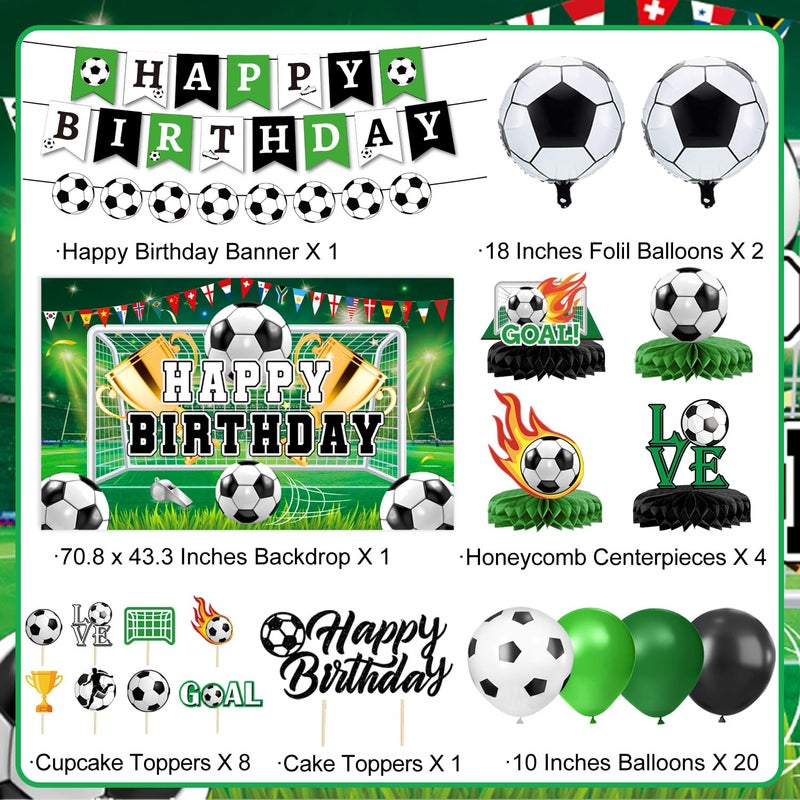 QIYANPAX Soccer Birthday Party Decorations Includes Banner, Backdrop, Foil & Latex Balloons, Cake & Cupcake Toppers, Honeycomb Centerpieces for Boy Soccer Themed Party Decorations - Image 2