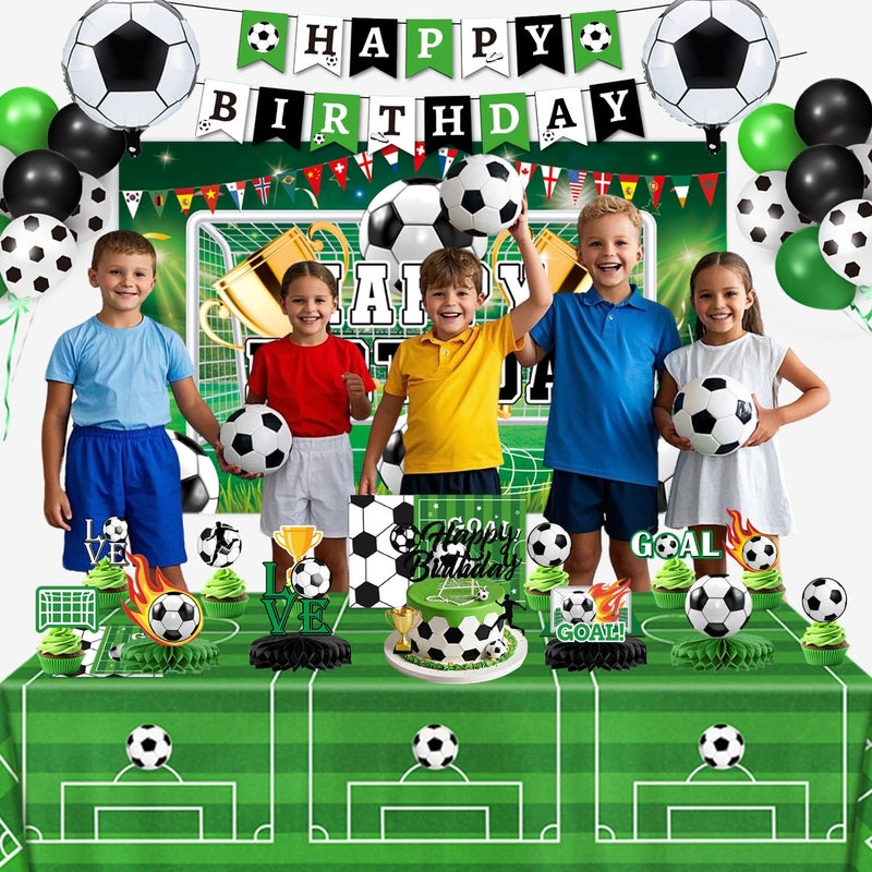 QIYANPAX Soccer Birthday Party Decorations Includes Banner, Backdrop, Foil & Latex Balloons, Cake & Cupcake Toppers, Honeycomb Centerpieces for Boy Soccer Themed Party Decorations - Image 5