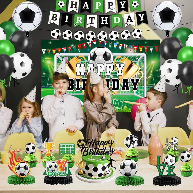 QIYANPAX Soccer Birthday Party Decorations Includes Banner, Backdrop, Foil & Latex Balloons, Cake & Cupcake Toppers, Honeycomb Centerpieces for Boy Soccer Themed Party Decorations - Image 3
