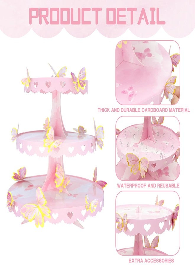 WEEPA DIY 3 Tier Butterfly Cupcake Stand Pink Butterfly Decorations Princess Cupcake Stand Dessert Tower for Wedding Birthday Party Supplies - Image 4