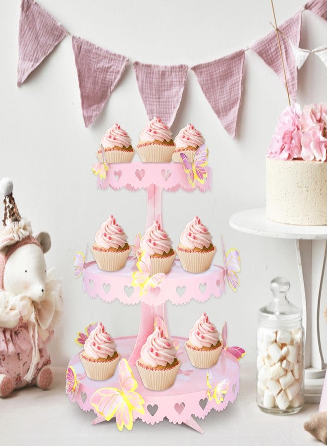 WEEPA DIY 3 Tier Butterfly Cupcake Stand Pink Butterfly Decorations Princess Cupcake Stand Dessert Tower for Wedding Birthday Party Supplies - Image 2