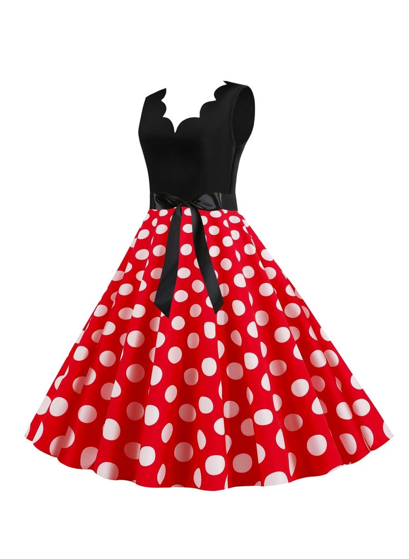 Loquat V-neck Sleeveless Polka Dot Lace Up Waist Retro Large Swing Dress Red/White  - Image 2