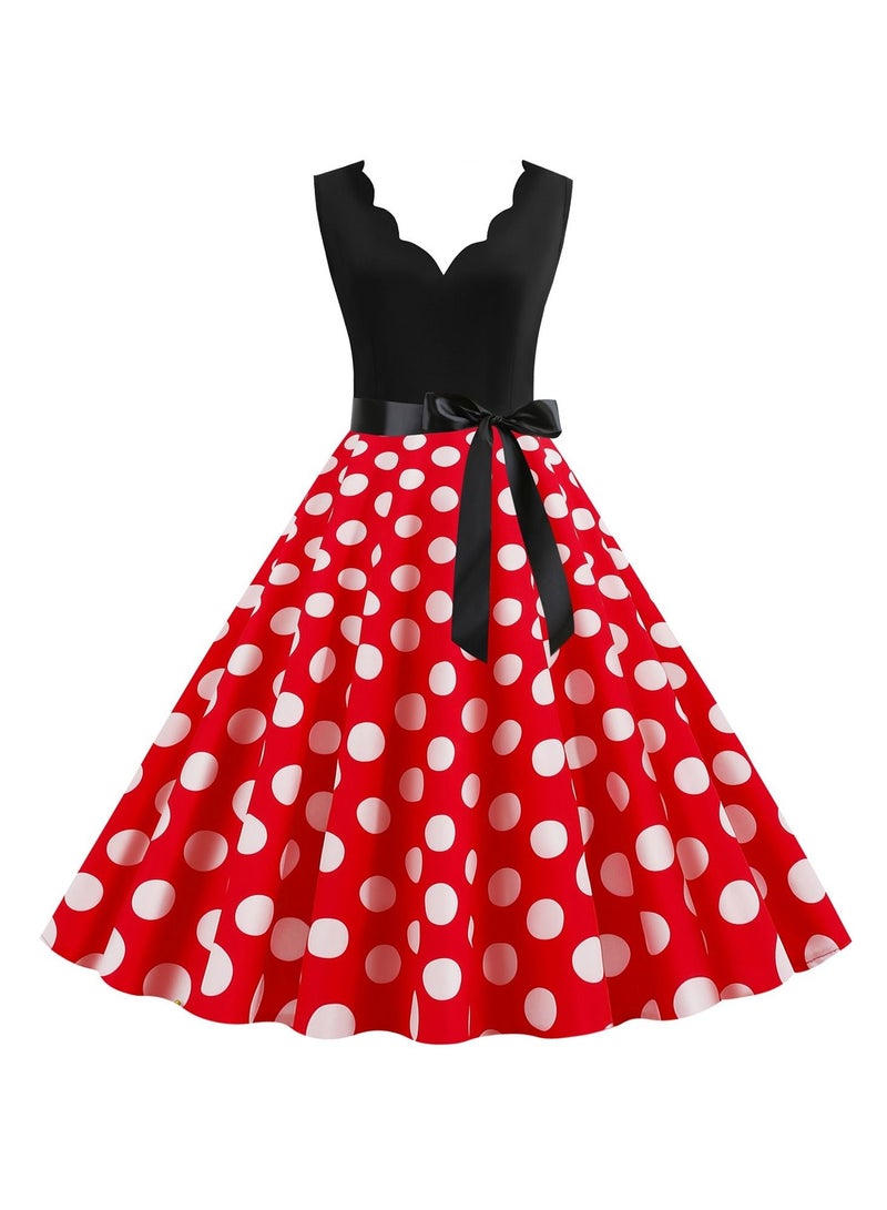 Loquat V-neck Sleeveless Polka Dot Lace Up Waist Retro Large Swing Dress Red/White  - Image 1