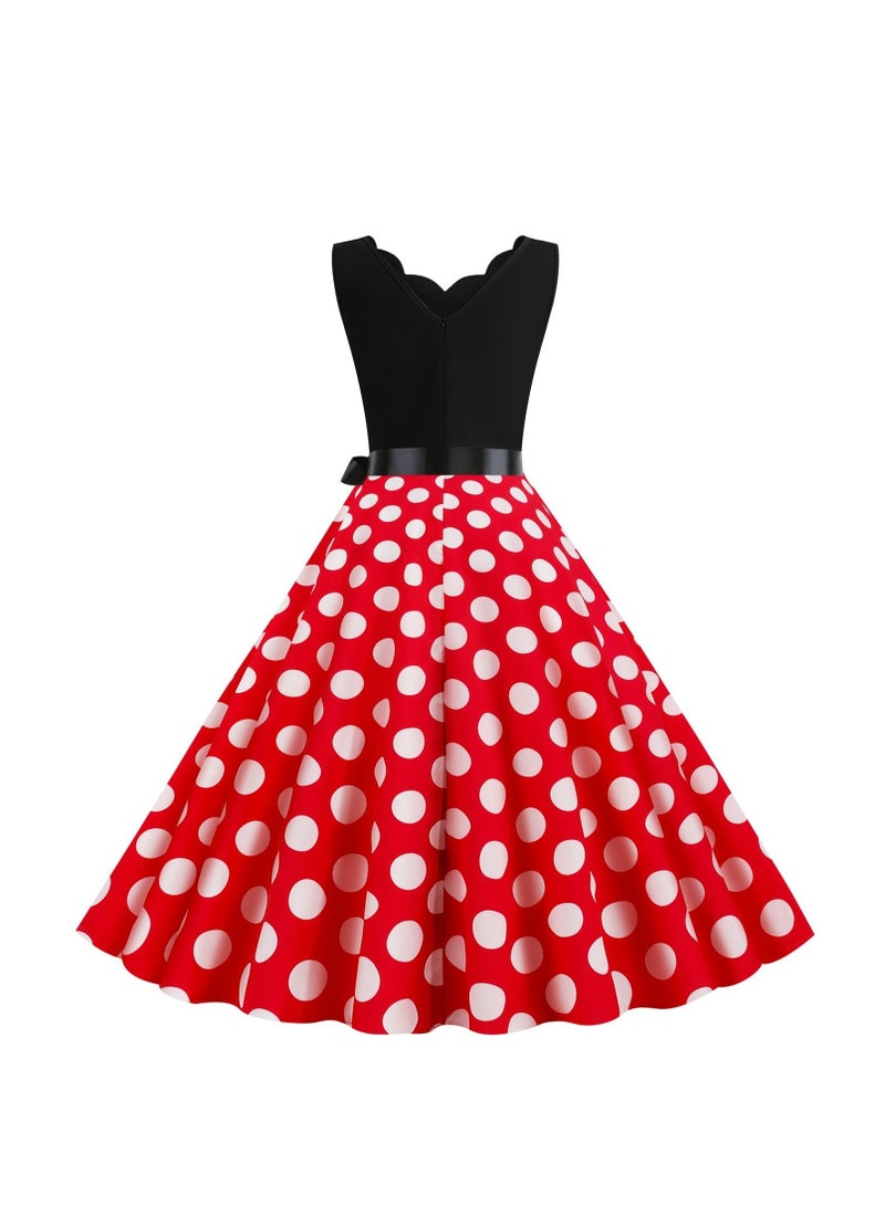 Loquat V-neck Sleeveless Polka Dot Lace Up Waist Retro Large Swing Dress Red/White  - Image 3