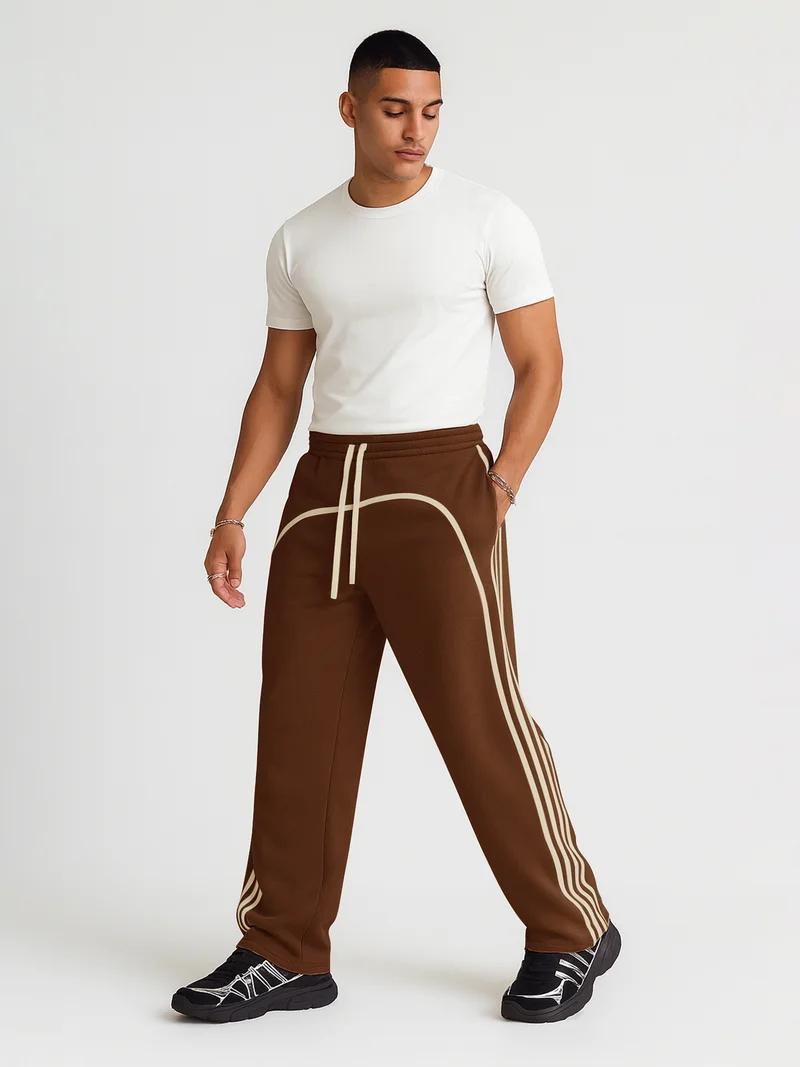 Maniac  Maniac Mens Side Stripe Brown and Biscuit Cotton Baggy Fit Trackpant for Men | Best Price UAE
