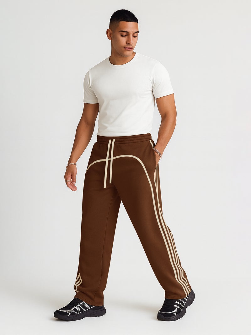 مانياك بنطلون رياضي رجالي واسع من القطن بلون بني وبسكويت مع خطوط جانبية - Image 5