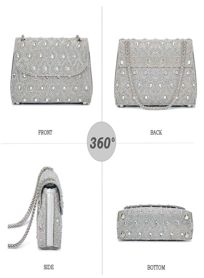 BBTT.ful Flower Evening Handbags Chain Strap Square Shoulder Bag Crossbody Bag Crystals Rhinestone Clutch Purse, 3.sexy Curves-silvery, Small - Image 3
