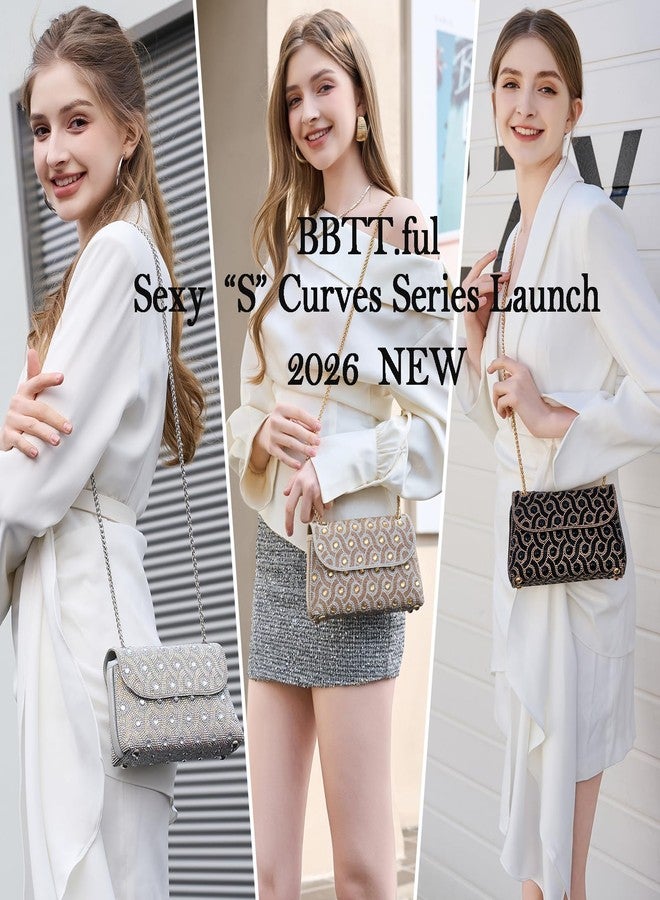 BBTT.ful Flower Evening Handbags Chain Strap Square Shoulder Bag Crossbody Bag Crystals Rhinestone Clutch Purse, 3.sexy Curves-silvery, Small - Image 2