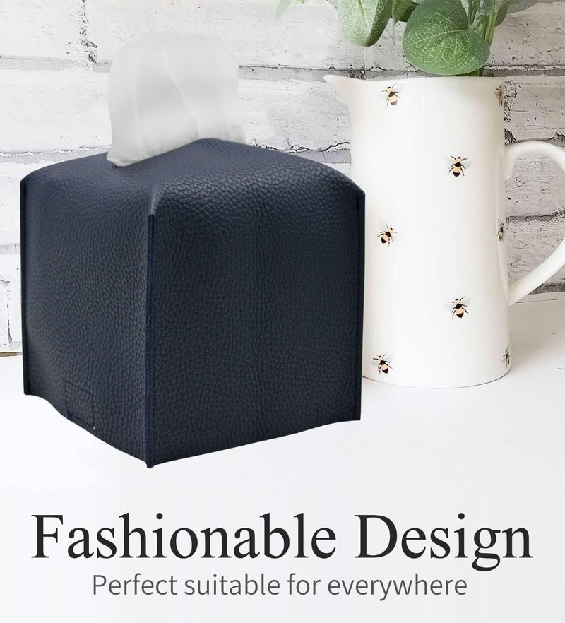 Livelab Tissue Box Cover, Square Decorative PU Leather Tissue Box Holder Modern Tissue Case Facial Paper Organizer Dispenser for Bathroom, Vanity Countertop, Night Stands, Desk 5X5X5'' | Navy Blue - Image 2