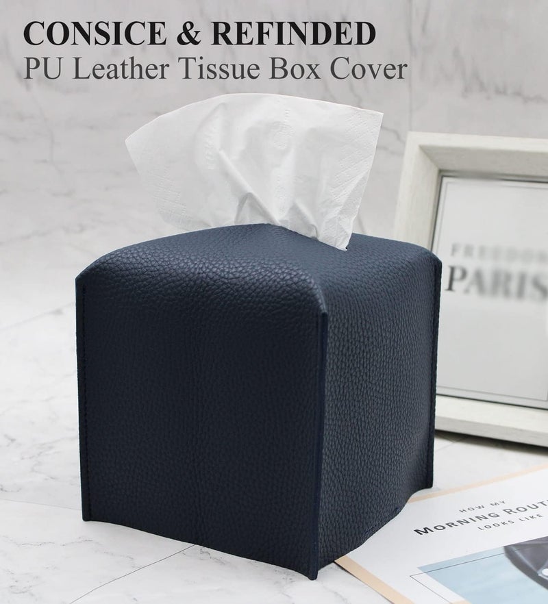 Livelab Tissue Box Cover, Square Decorative PU Leather Tissue Box Holder Modern Tissue Case Facial Paper Organizer Dispenser for Bathroom, Vanity Countertop, Night Stands, Desk 5X5X5'' | Navy Blue - Image 4