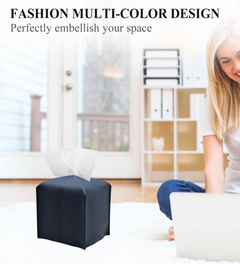 Livelab Tissue Box Cover, Square Decorative PU Leather Tissue Box Holder Modern Tissue Case Facial Paper Organizer Dispenser for Bathroom, Vanity Countertop, Night Stands, Desk 5X5X5'' | Navy Blue - Image 3