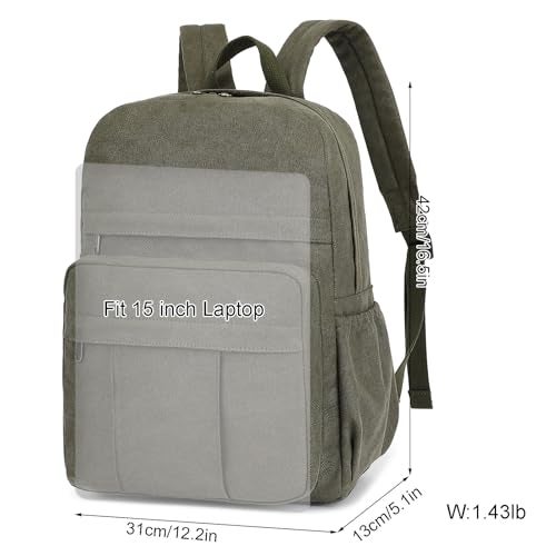 AUGUR Laptop Backpack Women,Canvas Bag, Durable Travel Vintage Backpack,Retro Casual Backpack,Girls Work Daypack Rucksack (Army Green) - Image 2