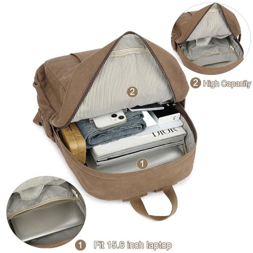 AUGUR Laptop Backpack Women,Canvas Bag, Durable Travel Vintage Backpack,Retro Casual Backpack,Girls Work Daypack Rucksack (Army Green) - Image 4