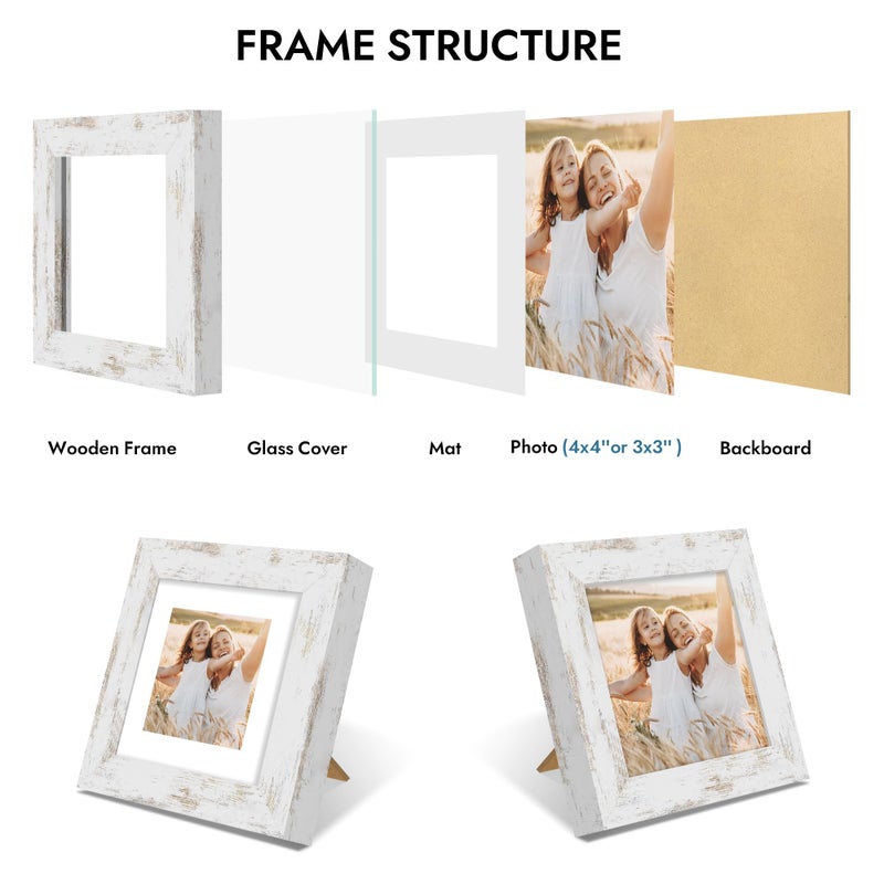 Hongkee 4x4 Picture Frame with Glass, Display Pictures 3x3 with Mat or 4 x 4 without Mat - Wall and Tabletop, 4 by 4 Photo Wooden Frames (Distressed White, 1 Pack) - Image 5