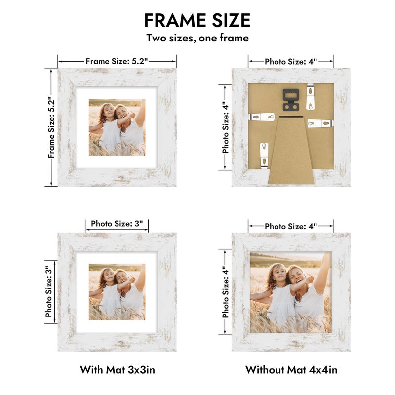 Hongkee 4x4 Picture Frame with Glass, Display Pictures 3x3 with Mat or 4 x 4 without Mat - Wall and Tabletop, 4 by 4 Photo Wooden Frames (Distressed White, 1 Pack) - Image 3