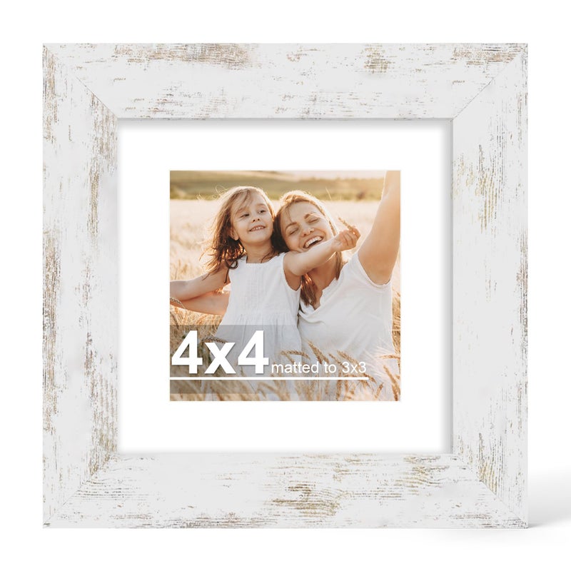 Hongkee 4x4 Picture Frame with Glass, Display Pictures 3x3 with Mat or 4 x 4 without Mat - Wall and Tabletop, 4 by 4 Photo Wooden Frames (Distressed White, 1 Pack) - Image 1