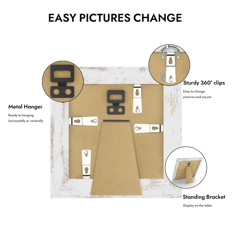 Hongkee 4x4 Picture Frame with Glass, Display Pictures 3x3 with Mat or 4 x 4 without Mat - Wall and Tabletop, 4 by 4 Photo Wooden Frames (Distressed White, 1 Pack) - Image 4