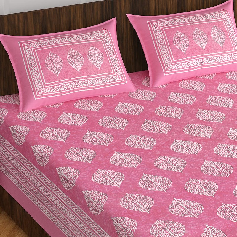 EarlyMart Cotton Rajasthani Jaipuri Traditional Floral King Size Double Bedsheet With 2 Pillow Covers Pink144 TC - Image 1