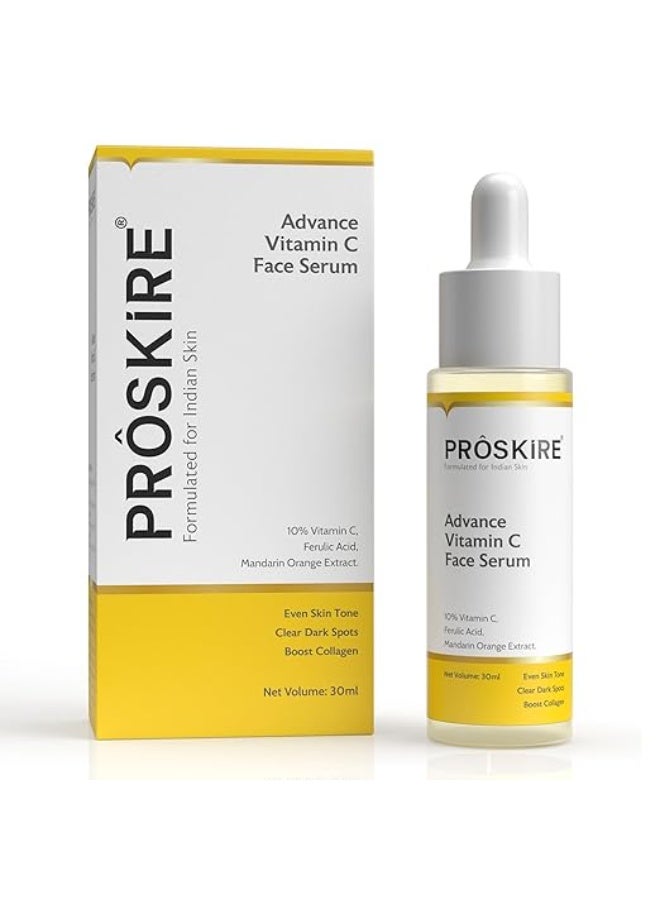 Proskire Advance 10% Vitamin C Face Serum with Ferulic & Mandarin Extract| Brightening, Dark Spot & Anti-Pigmentation Serum for All Skin Types – 30ml - Image 1