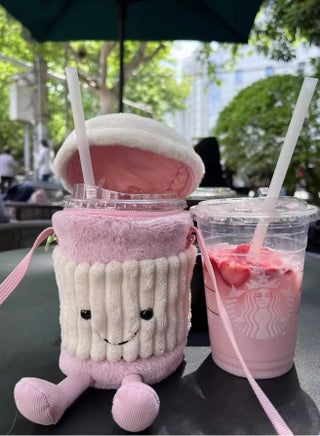 Generic Pink Jellycat messenger bag for coffee lovers; a unique