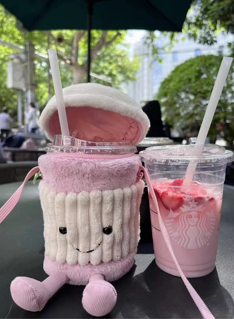 Pink Jellycat messenger bag for coffee lovers; a unique birthday gift with a doll, toy, warm water cup holder. - Image 1