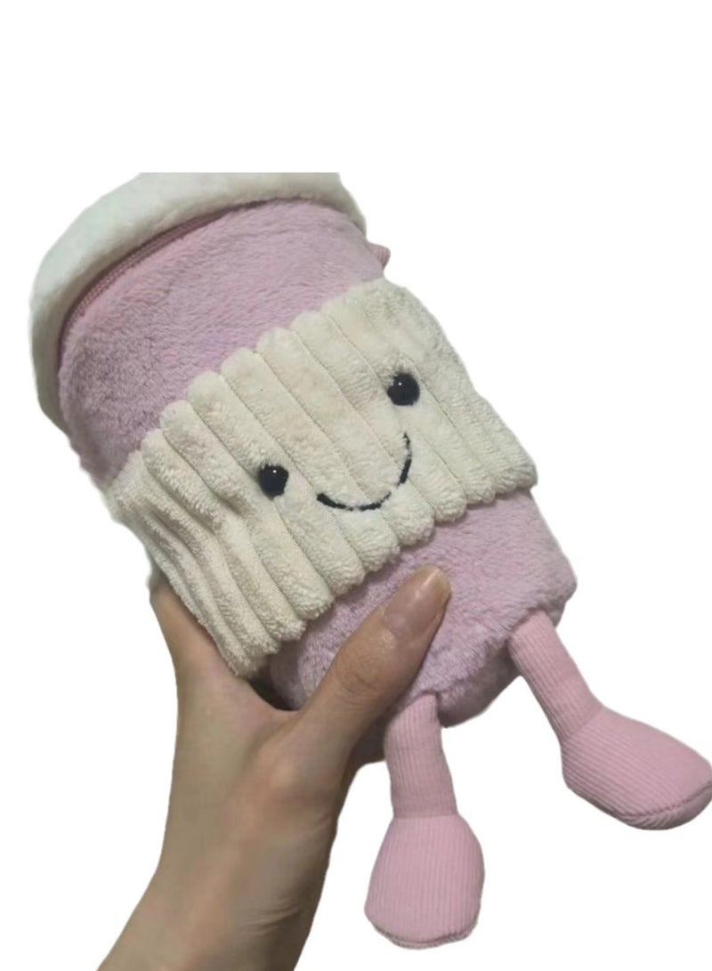 Pink Jellycat messenger bag for coffee lovers; a unique birthday gift with a doll, toy, warm water cup holder. - Image 2