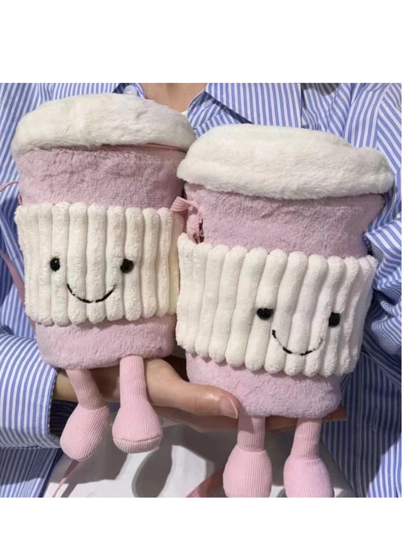 Pink Jellycat messenger bag for coffee lovers; a unique birthday gift with a doll, toy, warm water cup holder. - Image 3