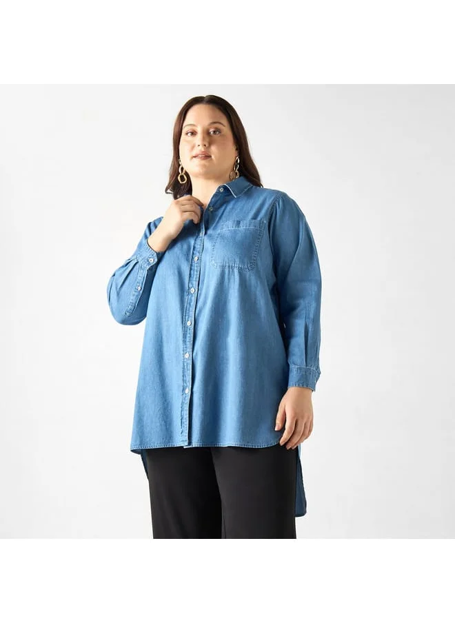 Ulla Popken Plus Size Ulla Popken Solid High Low Shirt with Long Sleeves and Pocket